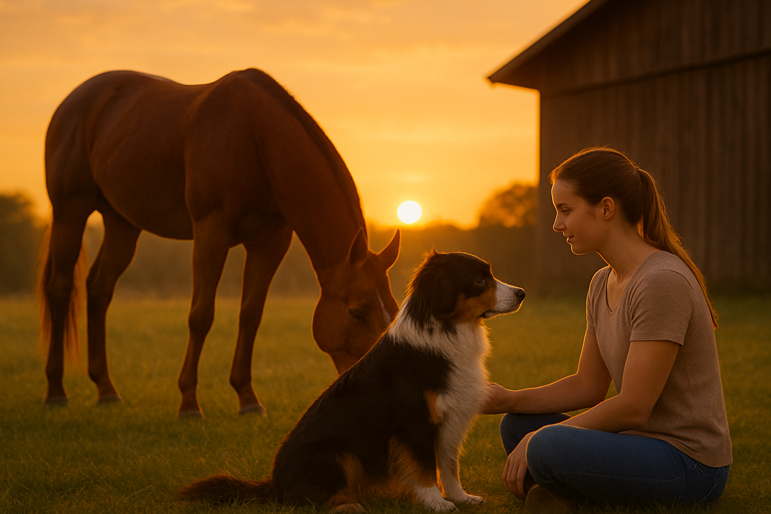 goldener moment mit hund und pferd